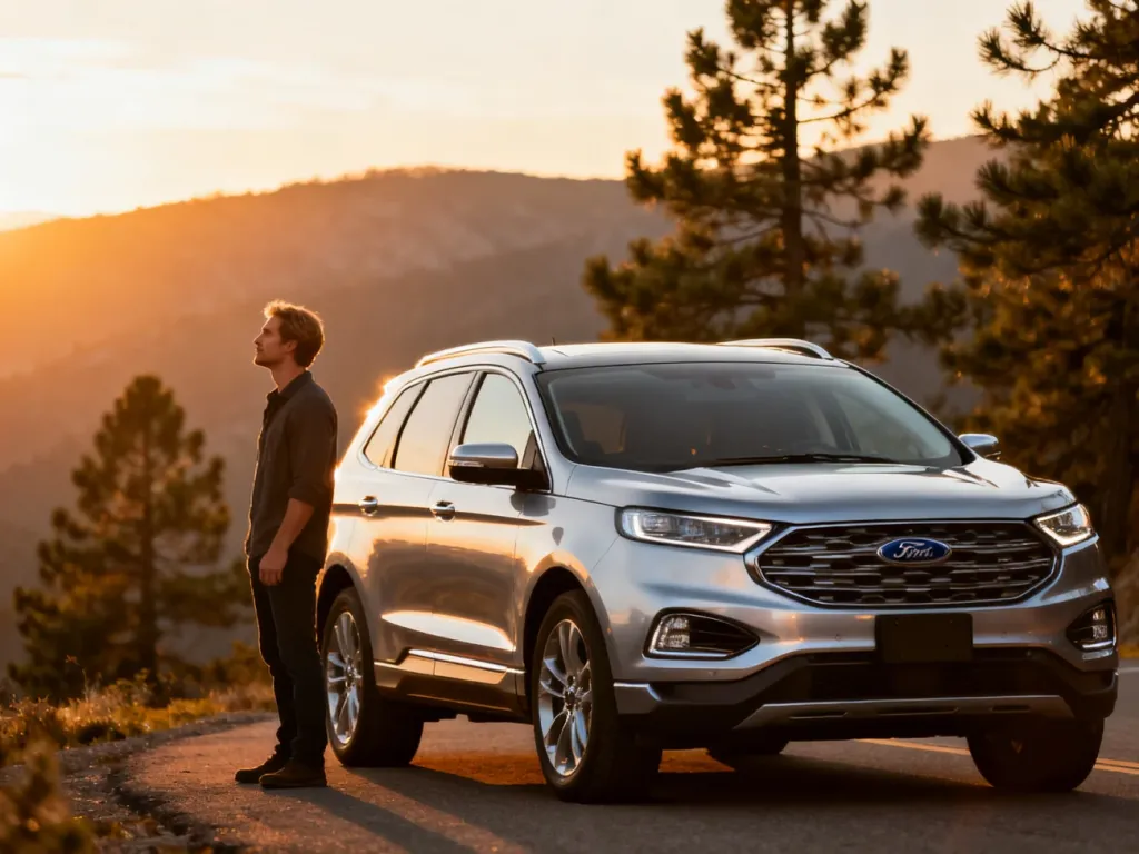 Srebrny Ford Edge zaparkowany na górskiej drodze podczas zachodu słońca, obok którego stoi mężczyzna patrzący w dal.