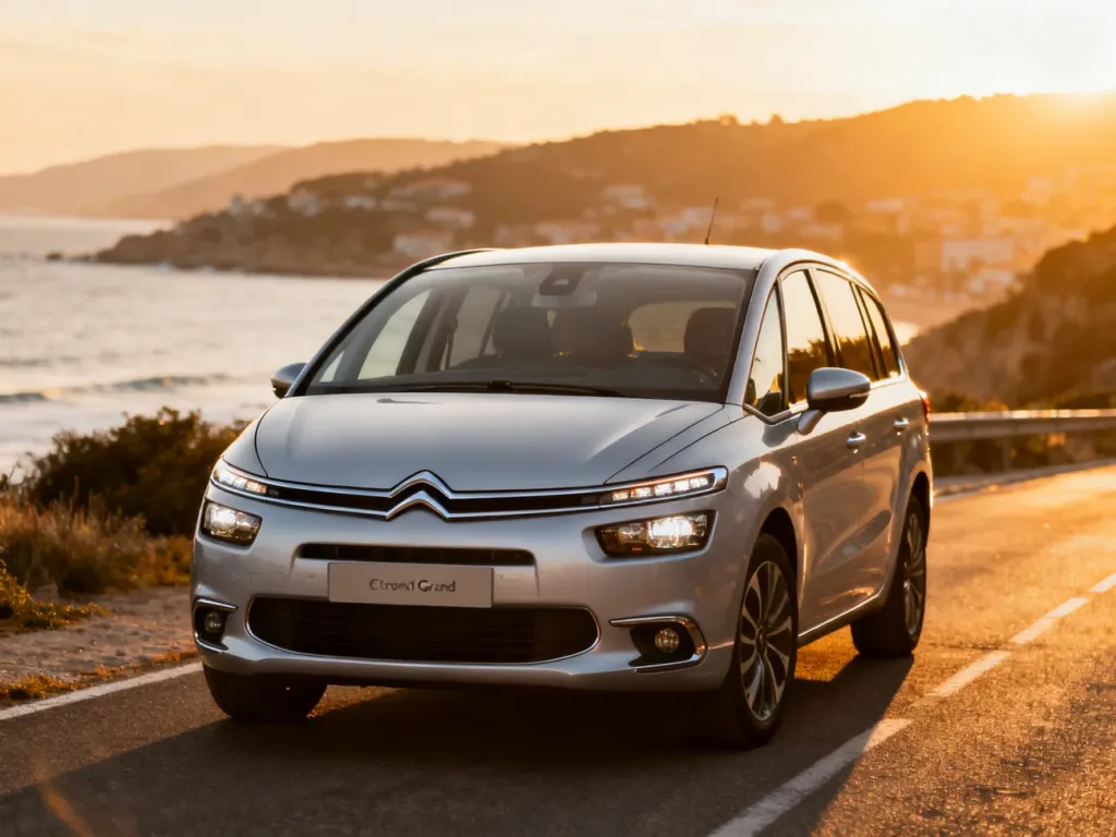 Srebrny Citroen C4 Grand Picasso zaparkowany na malowniczej nadmorskiej drodze w świetle zachodzącego słońca.