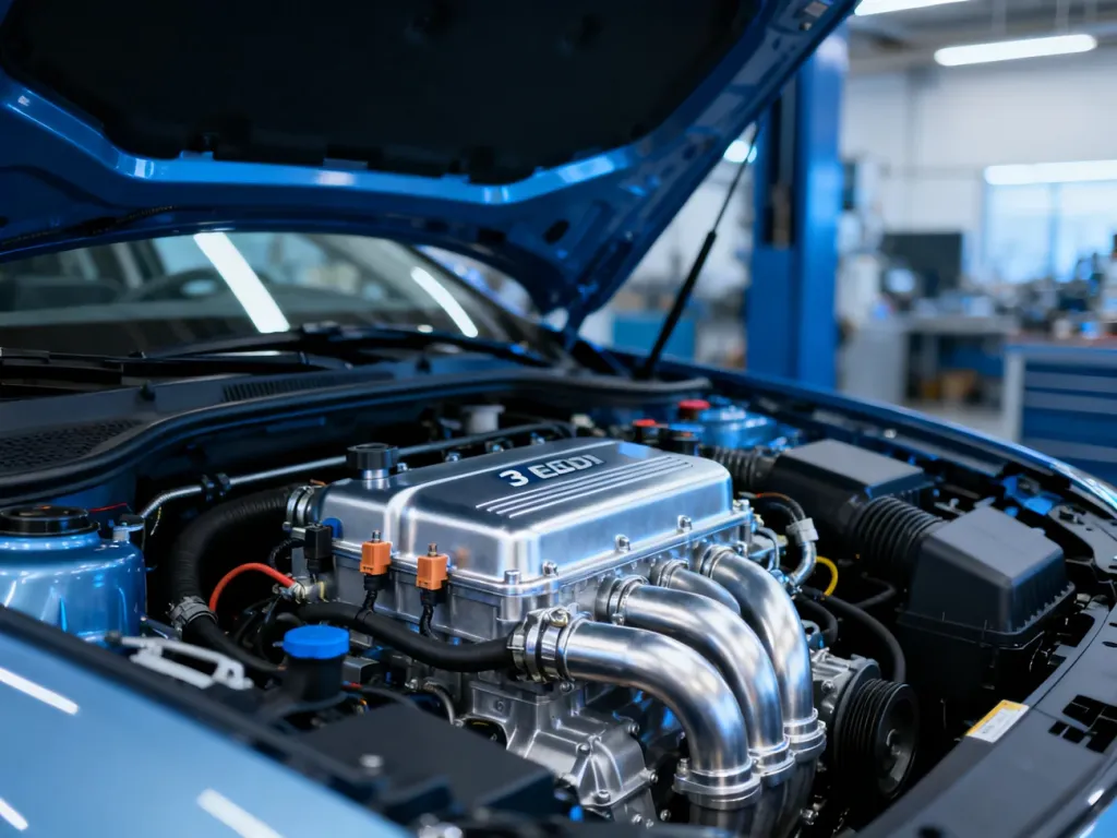 Widok na nowoczesny, trzycylindrowy silnik 1.0 EcoBoost pod otwartą maską samochodu.