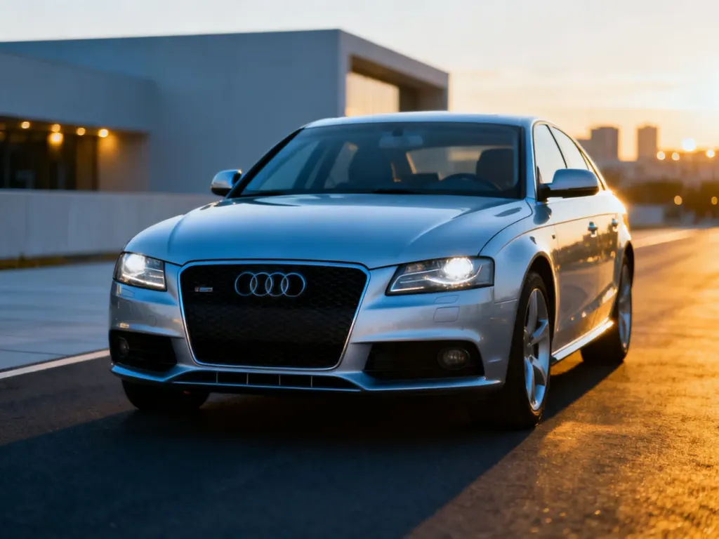 Srebrne Audi A4 B8 zaparkowane na tle nowoczesnej architektury podczas złotej godziny. Profesjonalne ujęcie przodu auta.
