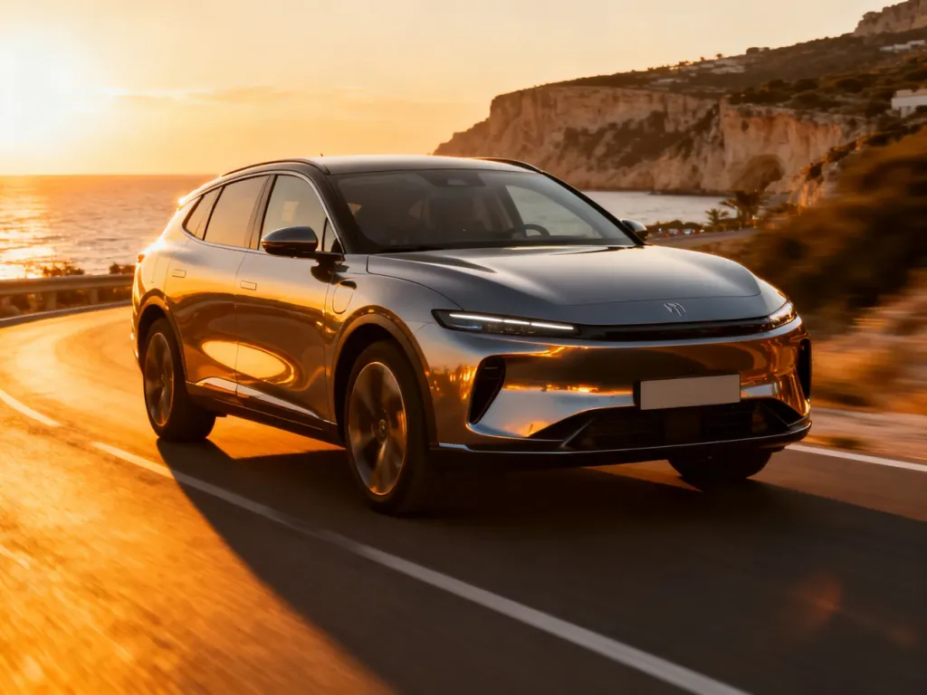 Nowoczesny hybrydowy SUV MG ZS Hybrid+ jadący malowniczą nadmorską drogą w świetle zachodzącego słońca.