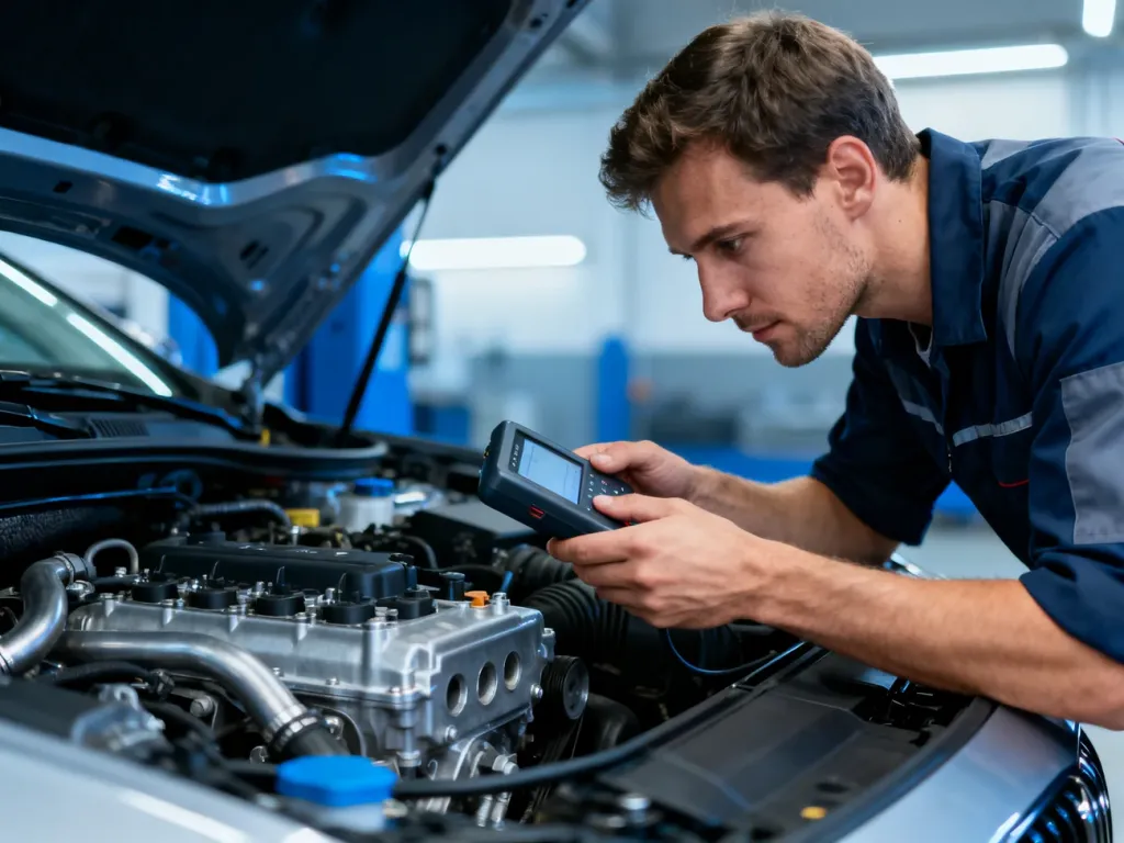 Mechanik dokonuje diagnostyki silnika nowoczesnego samochodu w profesjonalnym warsztacie.
