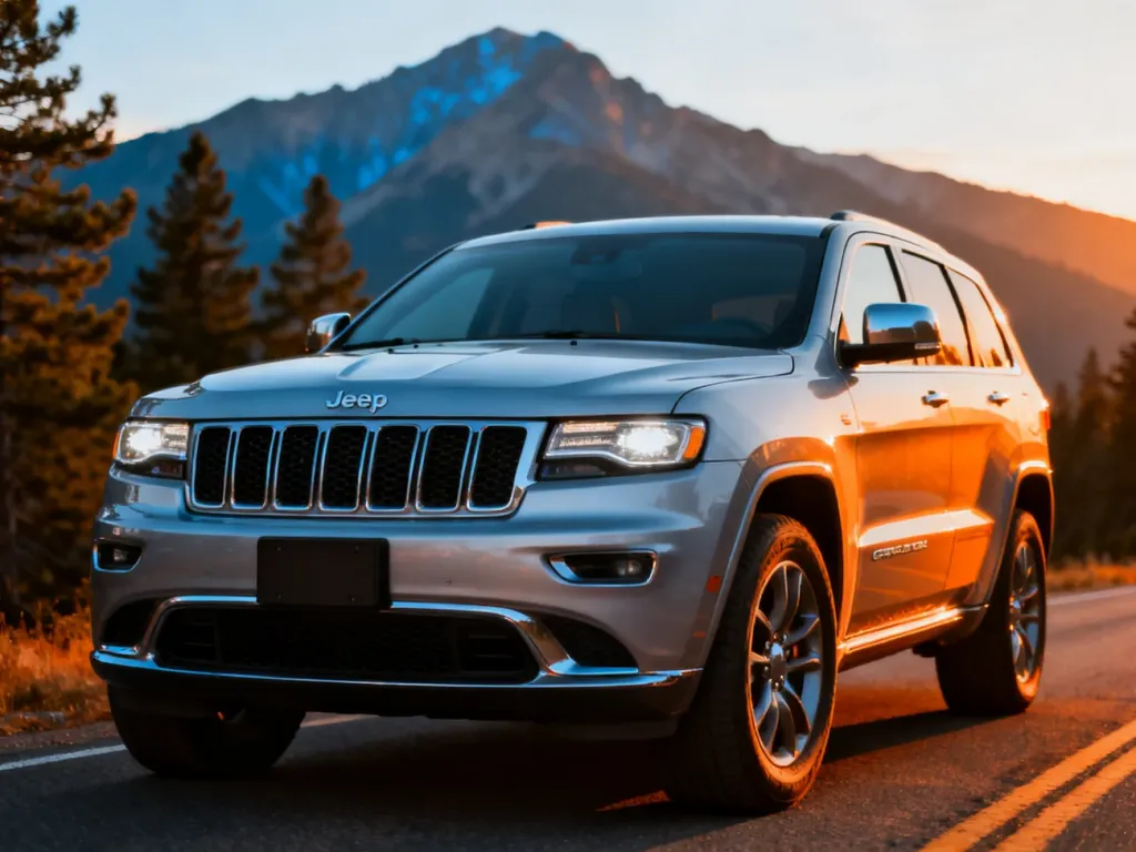Srebrny Jeep Grand Cherokee zaparkowany na malowniczej górskiej drodze w świetle zachodzącego słońca.