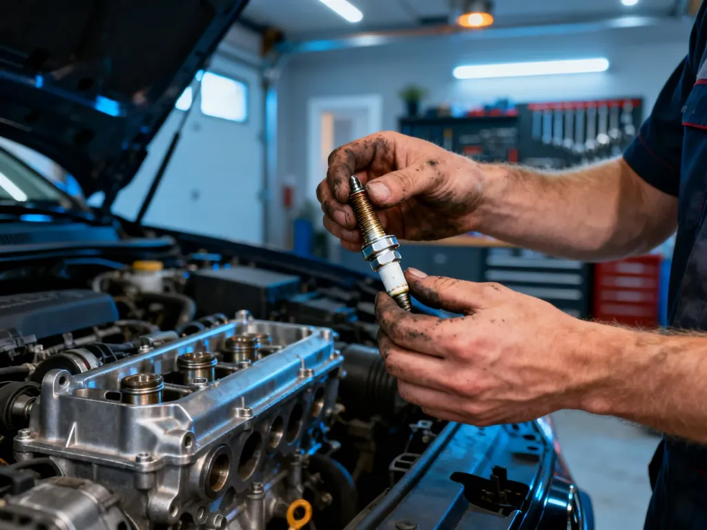 Mechanik trzymający nową świecę żarową nad otwartą komorą silnika Forda Mondeo podczas prac serwisowych.
