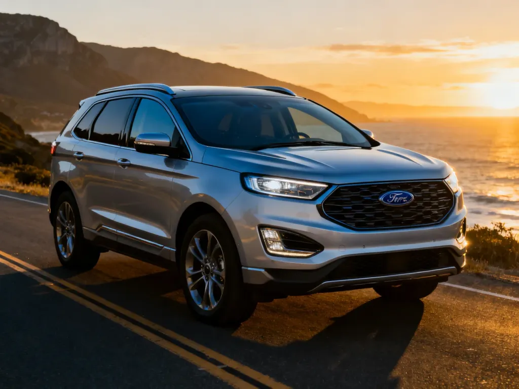 Srebrny Ford Edge zaparkowany na malowniczej nadmorskiej drodze podczas zachodu słońca.