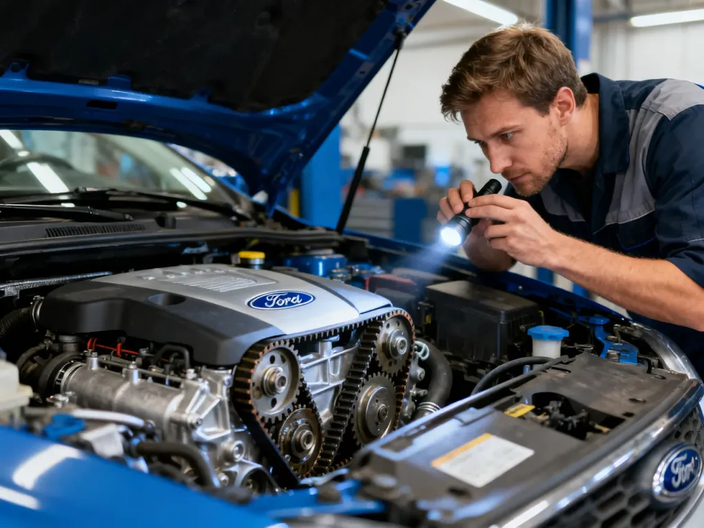 Mechanik sprawdza stan paska rozrządu w silniku Ford 1.0 EcoBoost przy użyciu latarki.