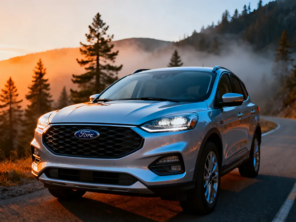 Srebrny Ford Kuga zaparkowany na malowniczej górskiej drodze podczas złotej godziny. Widok na przedni grill i reflektory auta.