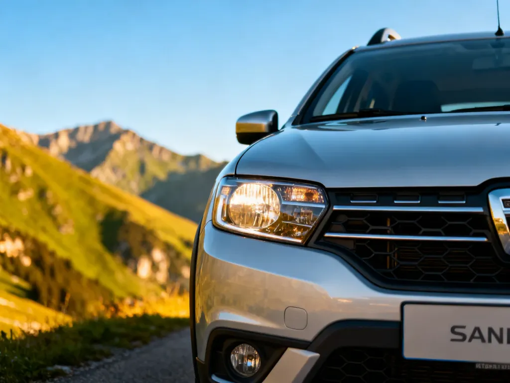 Srebrna Dacia Sandero Stepway zaparkowana na górskiej drodze w świetle zachodzącego słońca.