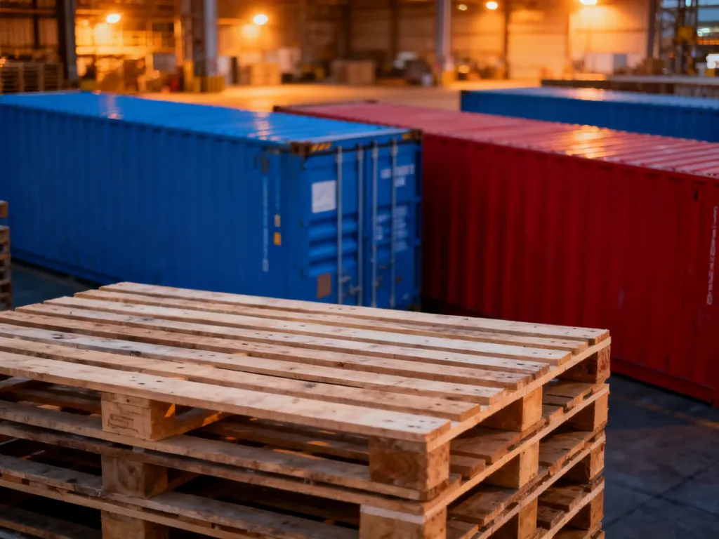 Nowoczesny terminal logistyczny z paletami i kolorowymi kontenerami transportowymi wewnątrz magazynu.