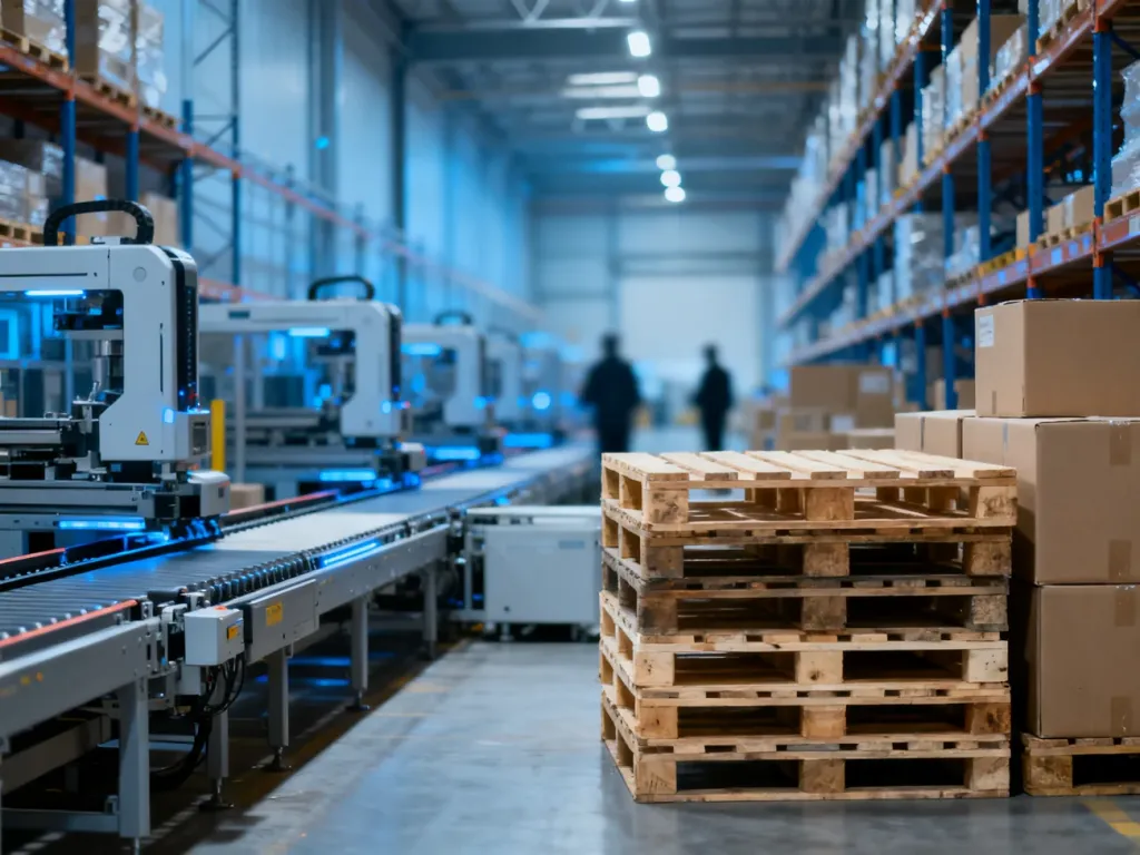 Nowoczesny, zautomatyzowany magazyn logistyczny z uporządkowanymi paletami i regałami wysokiego składowania.