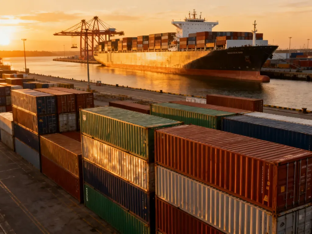 Międzynarodowy port przeładunkowy o zachodzie słońca z kolorowymi kontenerami i zacumowanym statkiem towarowym.