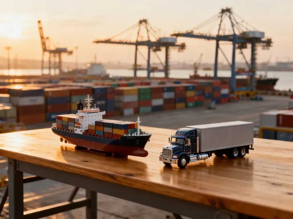 Modele statku towarowego i ciężarówki na tle terminala kontenerowego o zachodzie słońca, symbolizujące transport i logistykę.