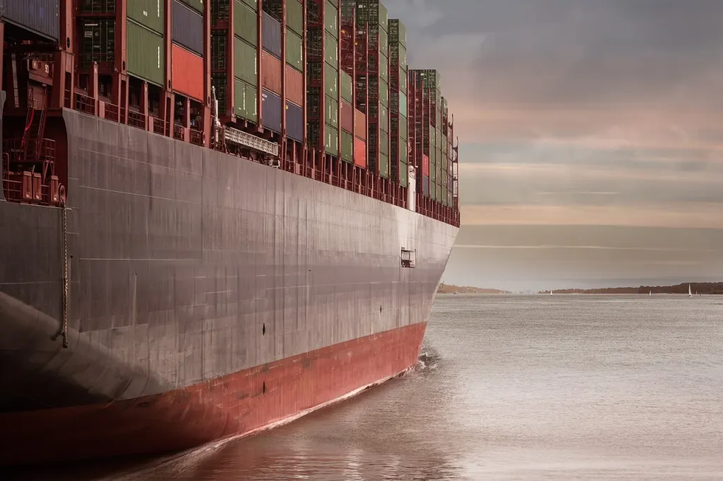 Kontenerowiec załadowany pojemnikami, symbolizujący efektywną logistykę i transport towarów masowych.