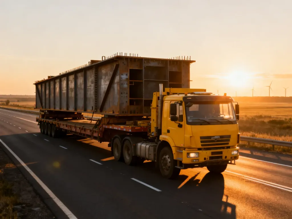 Żółta ciężarówka przewozi wielkogabarytowy element stalowy autostradą podczas zachodu słońca.