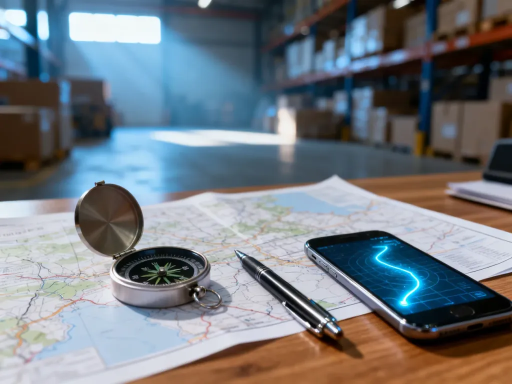 Mapa papierowa, kompas i smartfon z trasą GPS na biurku, symbolizujące planowanie logistyki i optymalizację dostaw.