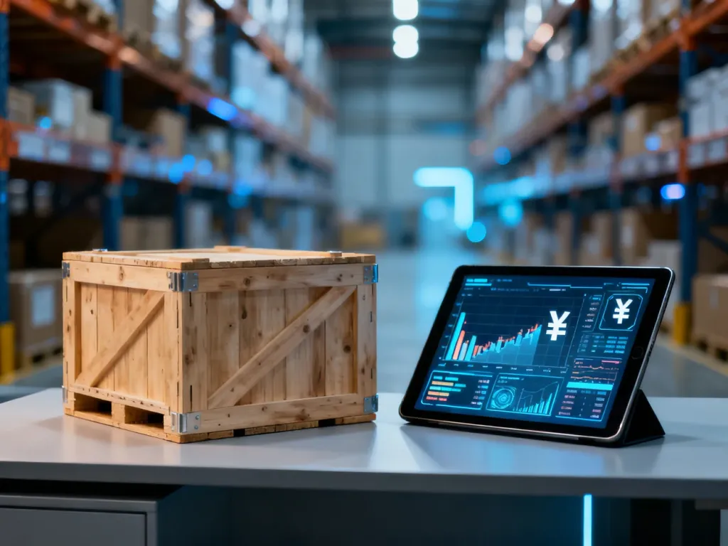 Drewniana skrzynia transportowa i tablet z wykresami finansowymi na tle nowoczesnego magazynu logistycznego.
