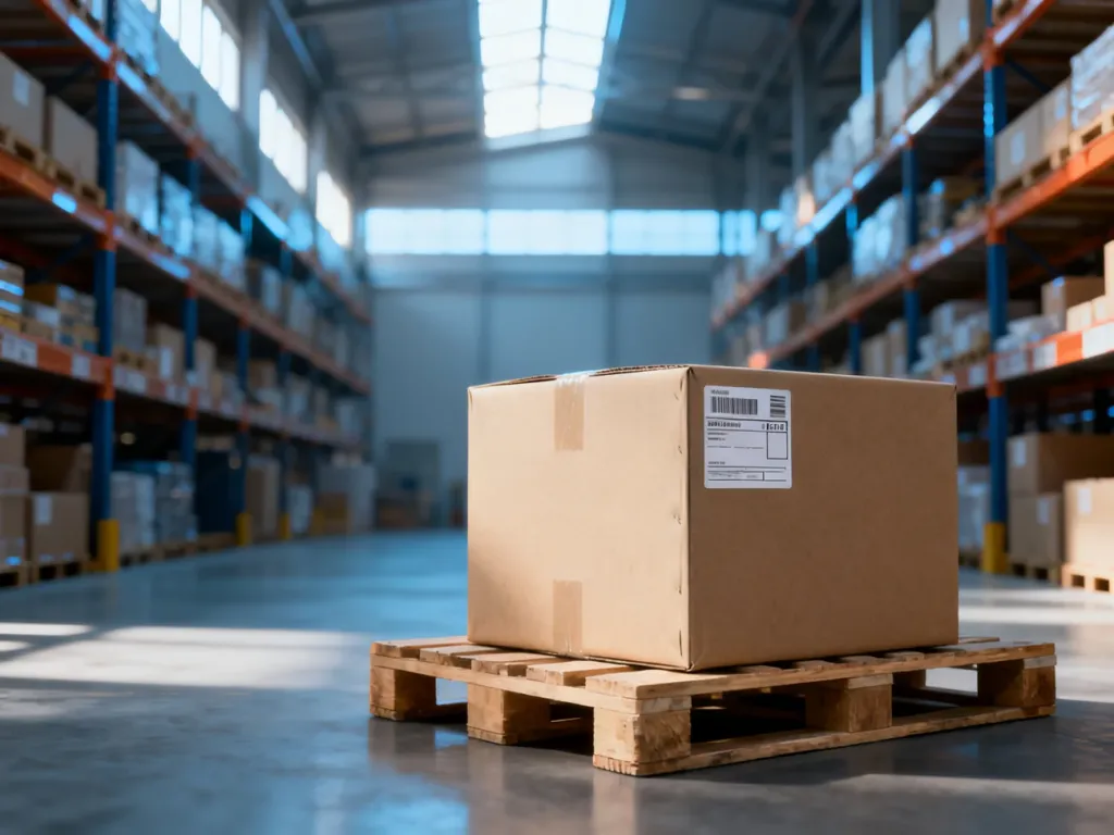 Paczka z etykietą przewozową na palecie w nowoczesnym, uporządkowanym magazynie logistycznym.